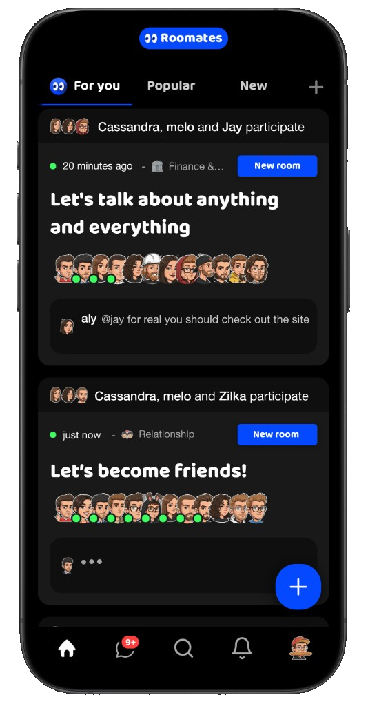 Roomates app — public rooms feed on iPhone